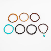 Thumbnail for Boho 7pcs Turquoise Inlaid Square Charm Coconut Shell Wood Beaded Chain Bracelet Set - ArtGalleryZen