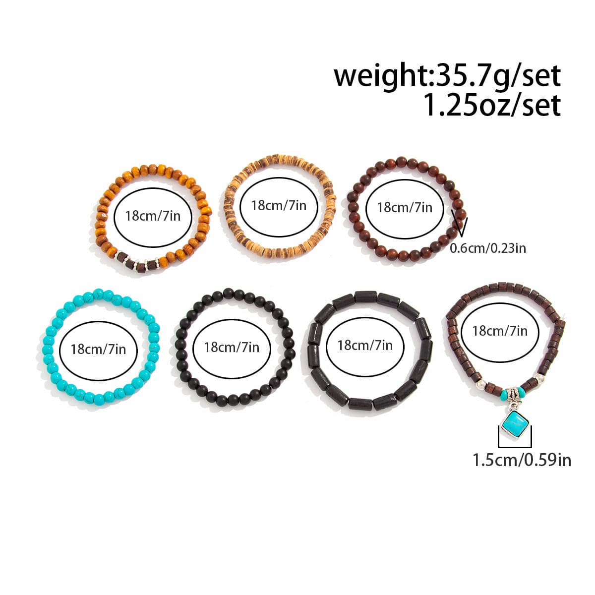 Boho 7pcs Turquoise Inlaid Square Charm Coconut Shell Wood Beaded Chain Bracelet Set - ArtGalleryZen