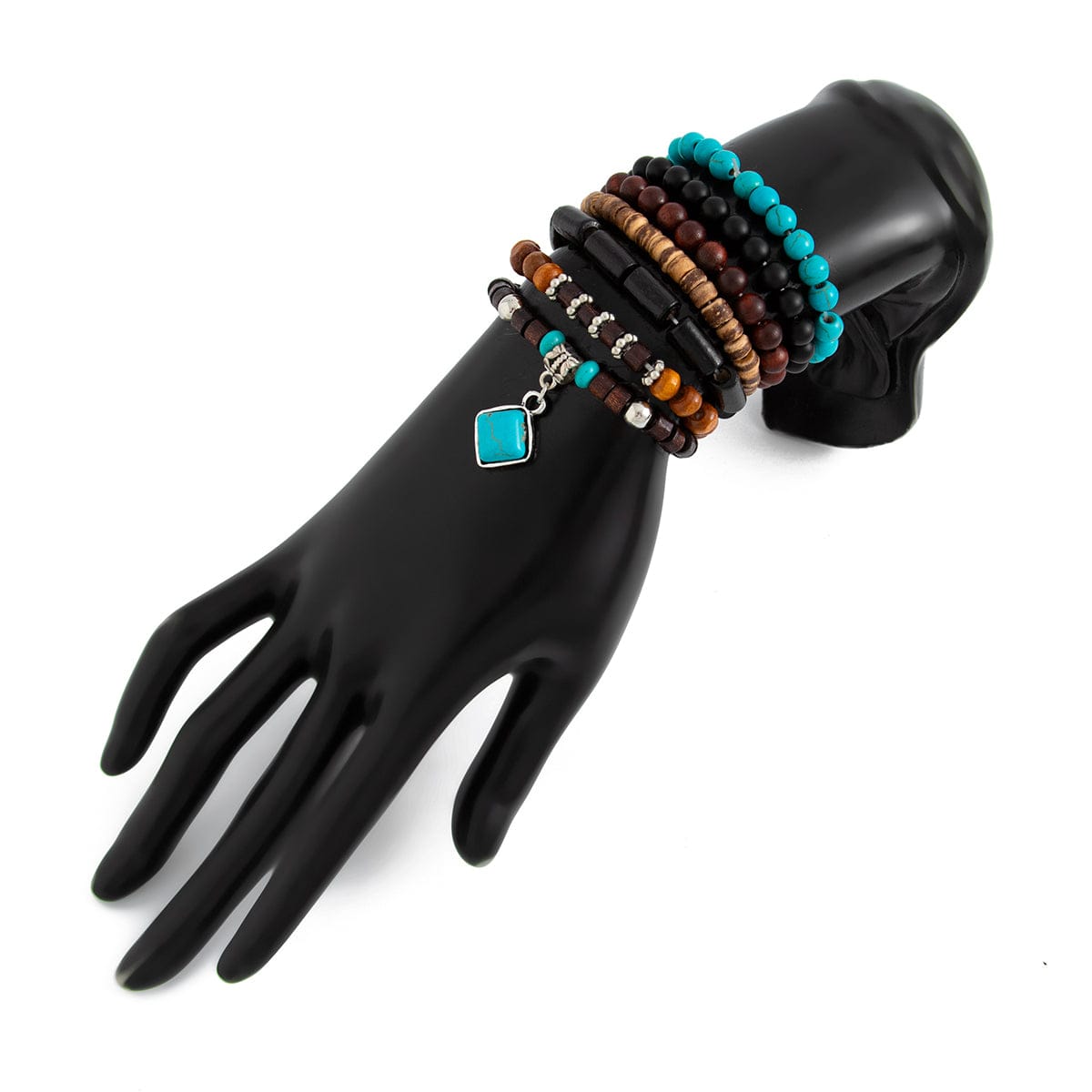 Boho 7pcs Turquoise Inlaid Square Charm Coconut Shell Wood Beaded Chain Bracelet Set - ArtGalleryZen