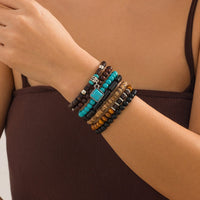 Thumbnail for Boho 7pcs Turquoise Inlaid Square Charm Coconut Shell Wood Beaded Chain Bracelet Set - ArtGalleryZen