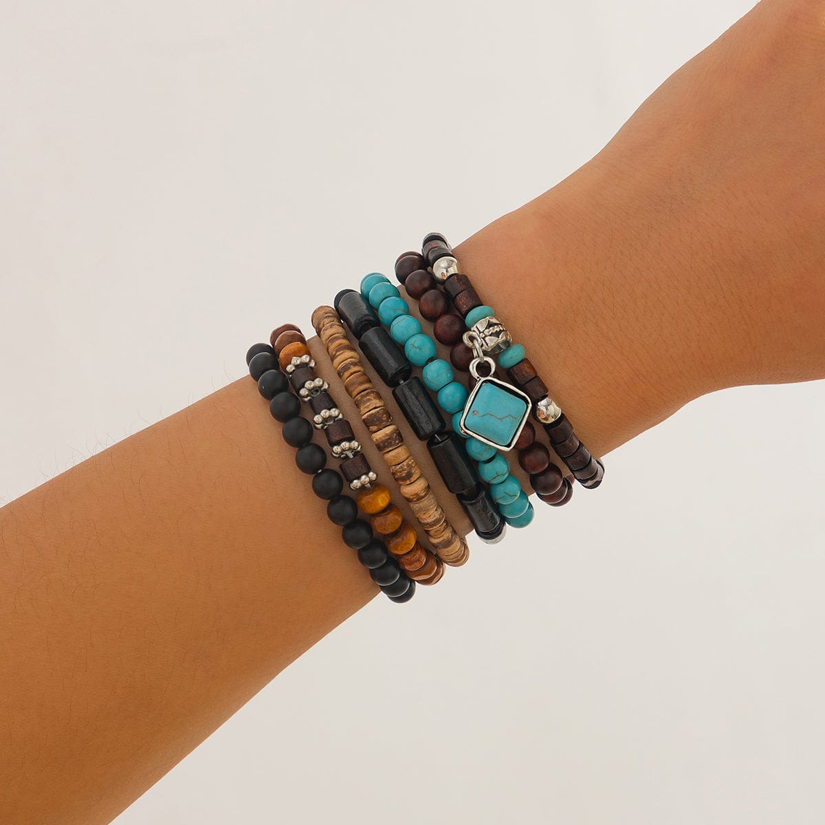 Boho 7pcs Turquoise Inlaid Square Charm Coconut Shell Wood Beaded Chain Bracelet Set - ArtGalleryZen