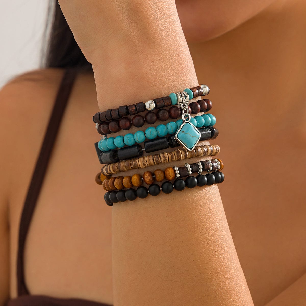 Boho 7pcs Turquoise Inlaid Square Charm Coconut Shell Wood Beaded Chain Bracelet Set