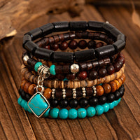 Thumbnail for Boho 7pcs Turquoise Inlaid Square Charm Coconut Shell Wood Beaded Chain Bracelet Set