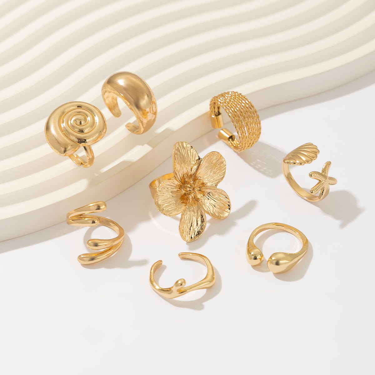 Boho 8pcs Flower Starfish Shell Stackable Open Ring Set - ArtGalleryZen
