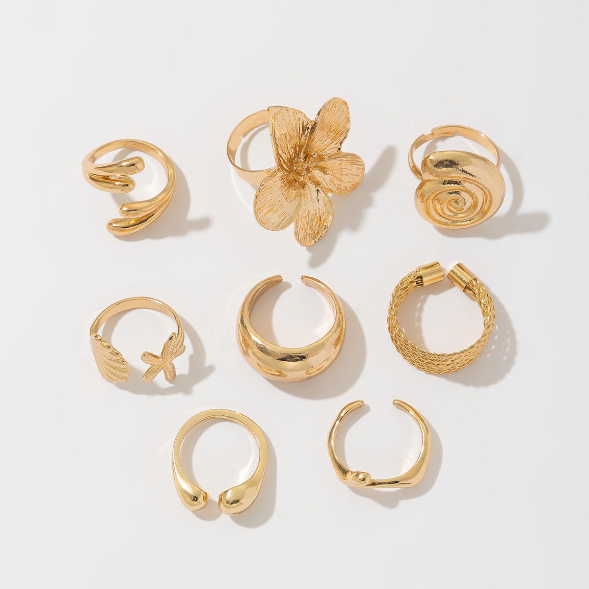 Boho 8pcs Flower Starfish Shell Stackable Open Ring Set - ArtGalleryZen