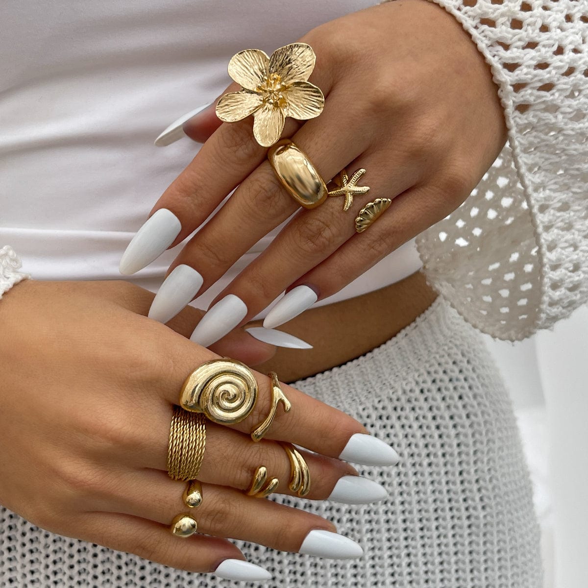 Boho 8pcs Flower Starfish Shell Stackable Open Ring Set - ArtGalleryZen