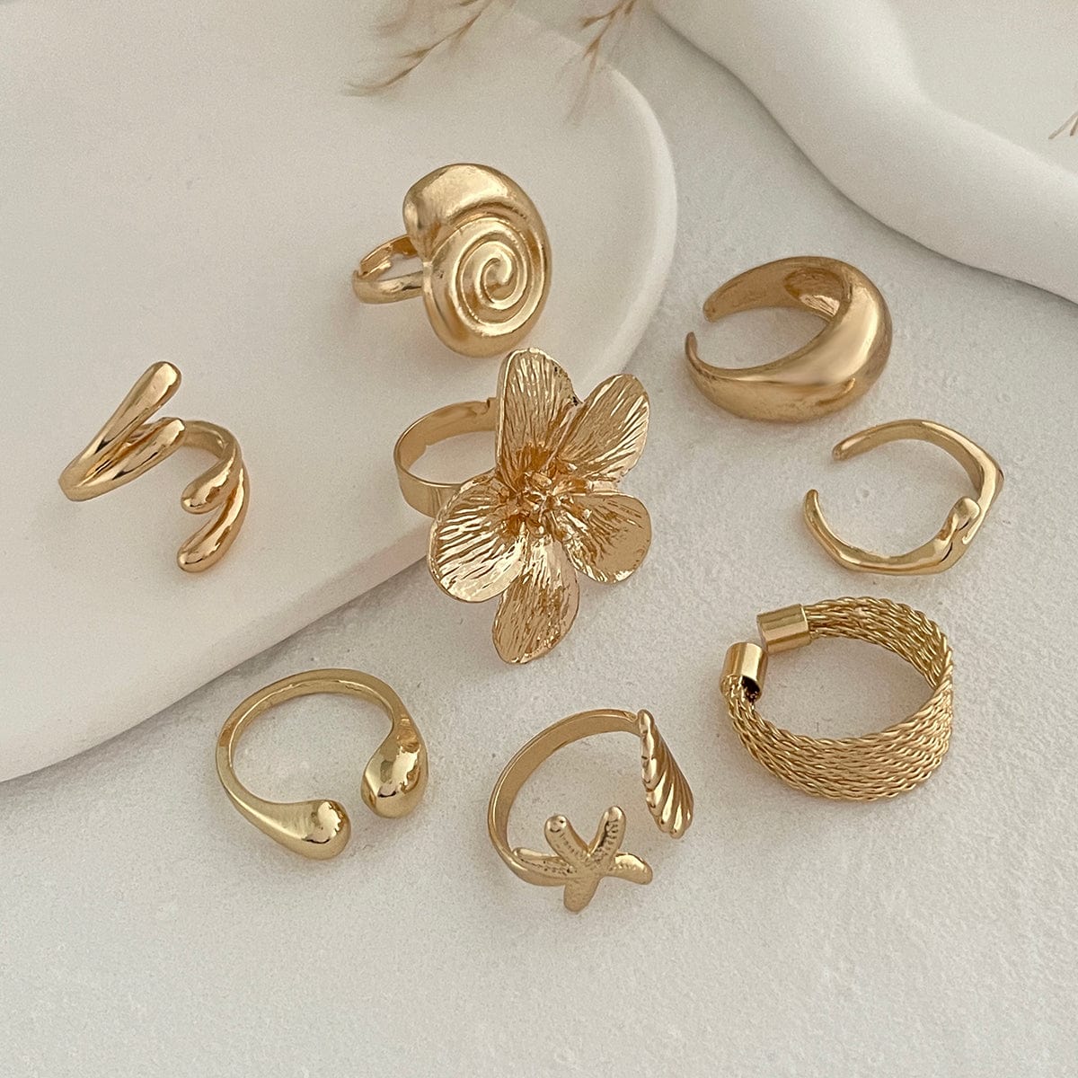 Boho 8pcs Flower Starfish Shell Stackable Open Ring Set - ArtGalleryZen