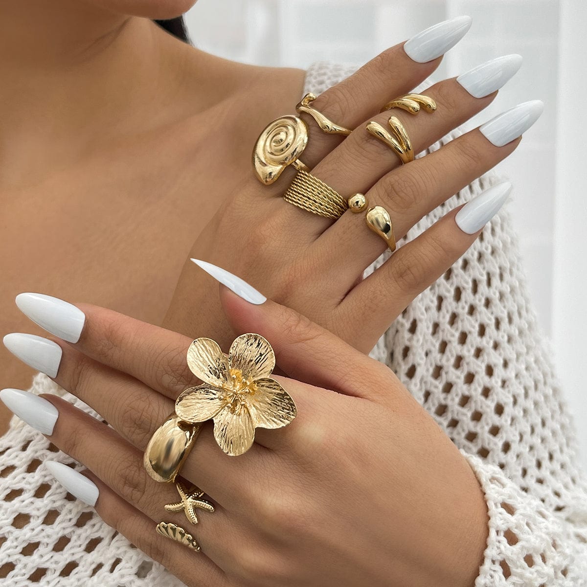 Boho 8pcs Flower Starfish Shell Stackable Open Ring Set - ArtGalleryZen
