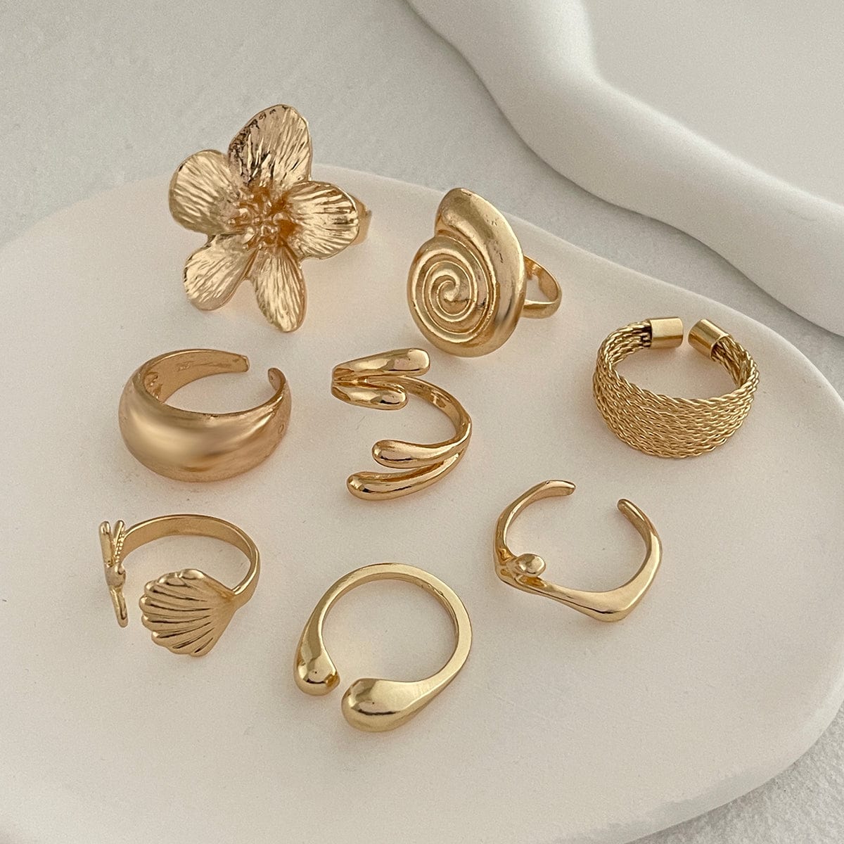 Boho 8pcs Flower Starfish Shell Stackable Open Ring Set - ArtGalleryZen