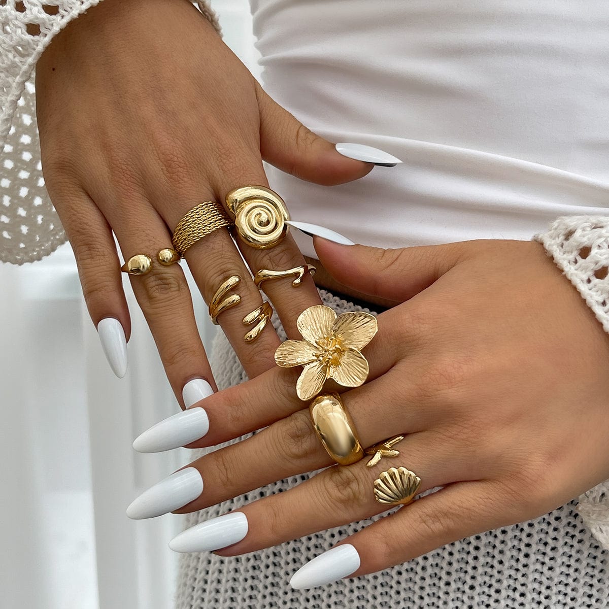 Boho 8pcs Flower Starfish Shell Stackable Open Ring Set - ArtGalleryZen