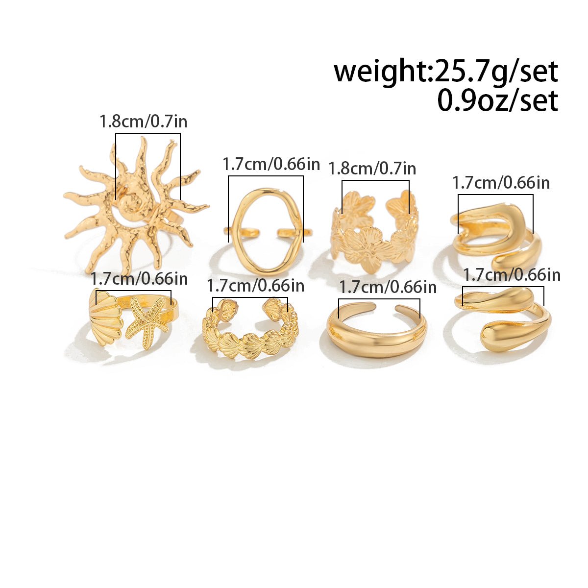 Boho 8pcs Sun Flower Shell Starfish Hollow Ring Set - ArtGalleryZen