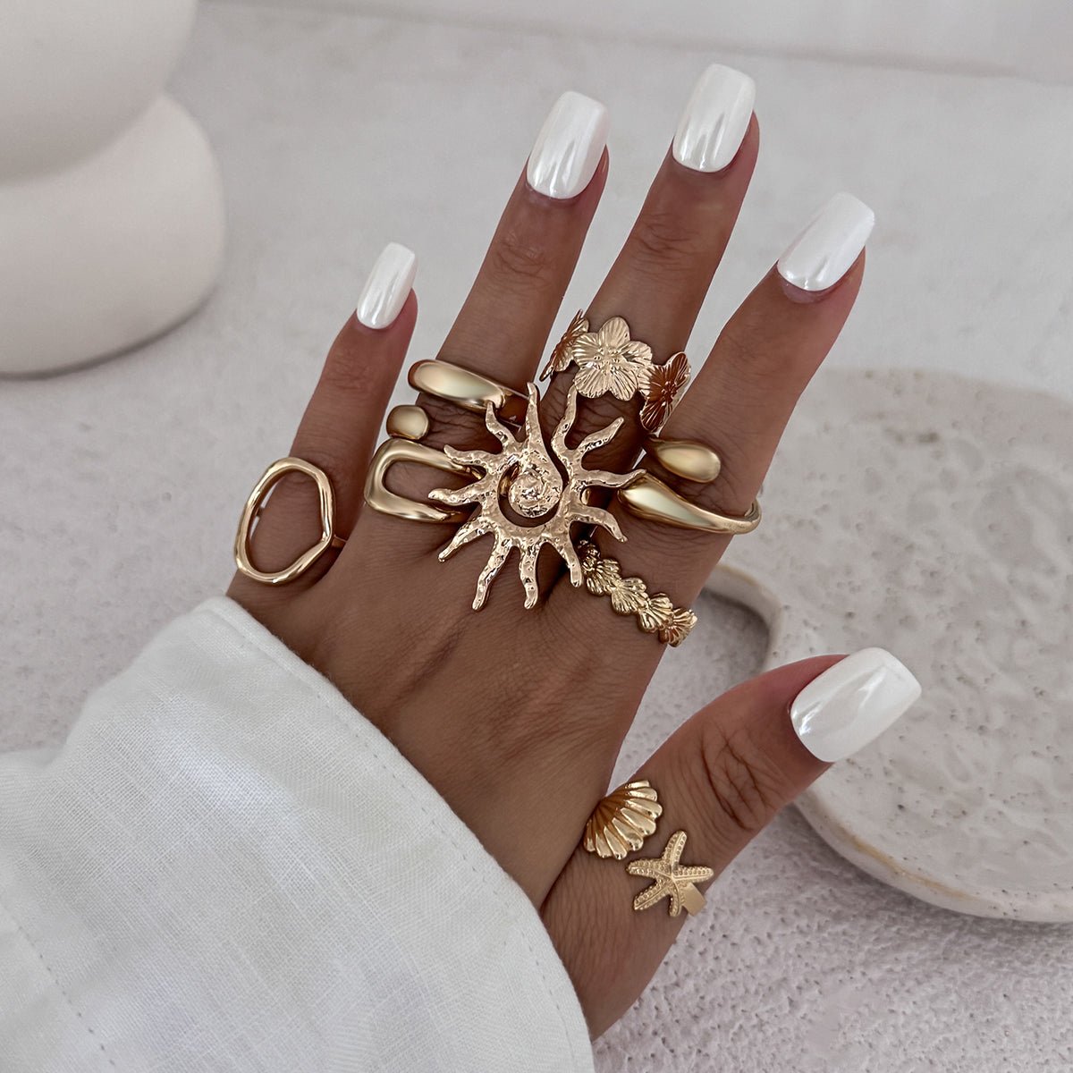 Boho 8pcs Sun Flower Shell Starfish Hollow Ring Set - ArtGalleryZen