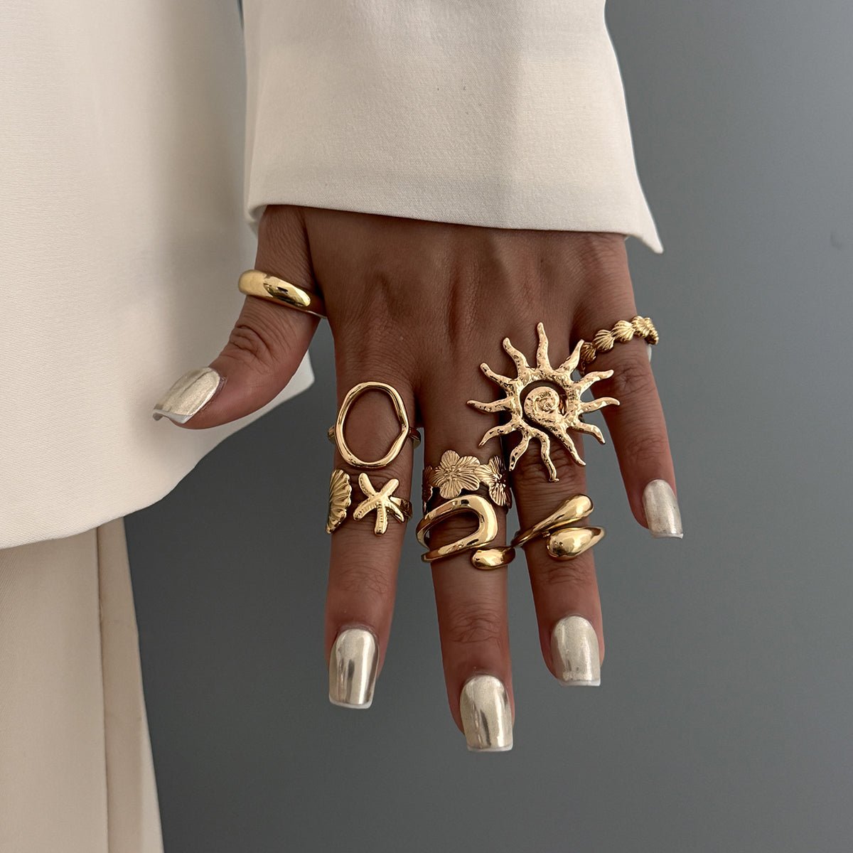 Boho 8pcs Sun Flower Shell Starfish Hollow Ring Set - ArtGalleryZen