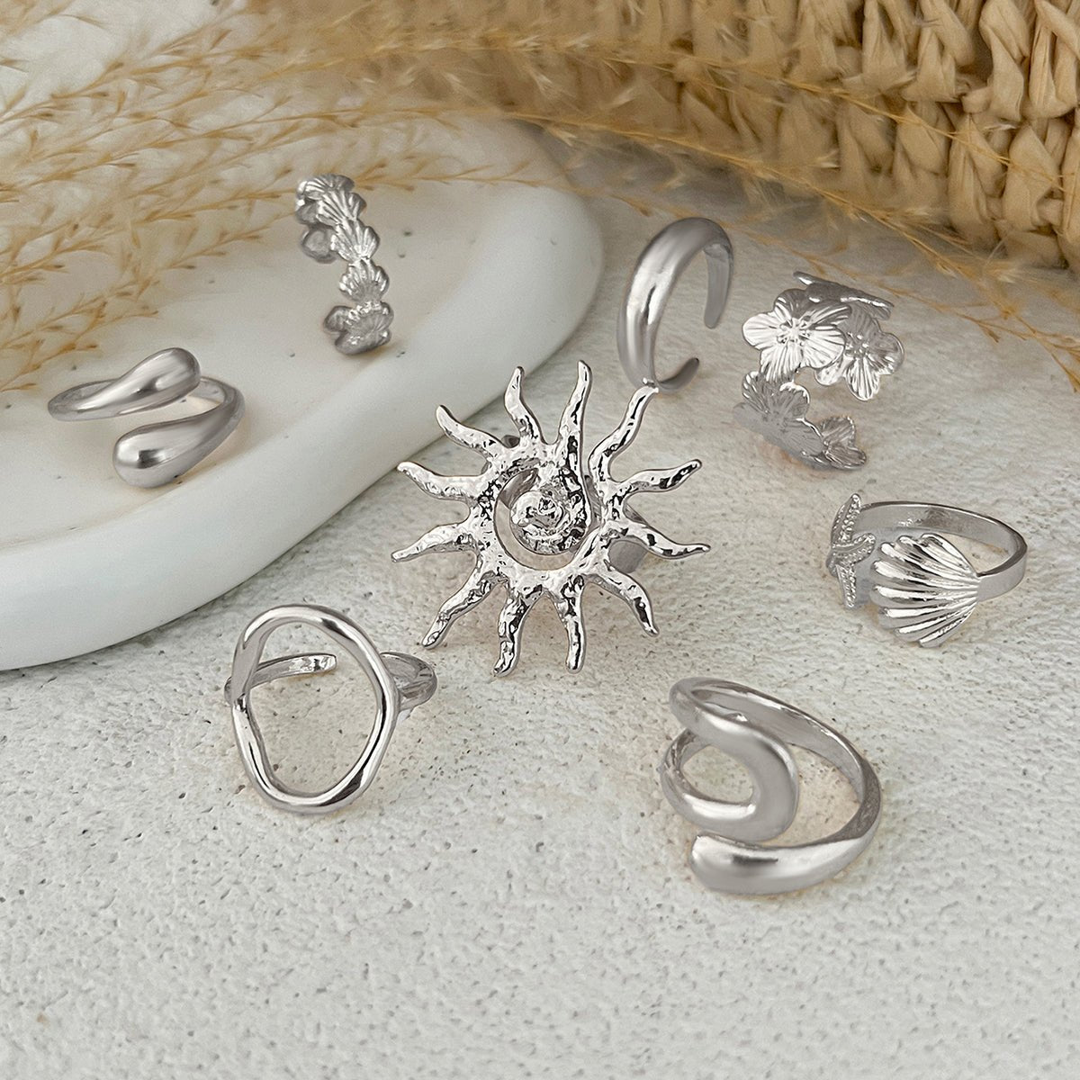 Boho 8pcs Sun Flower Shell Starfish Hollow Ring Set - ArtGalleryZen