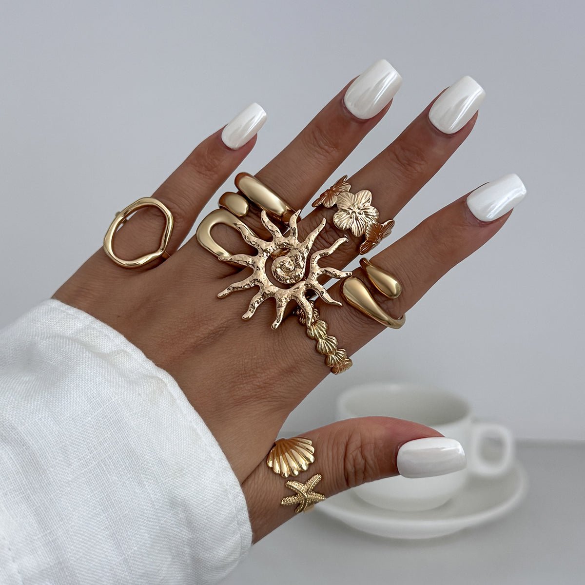 Boho 8pcs Sun Flower Shell Starfish Hollow Ring Set - ArtGalleryZen
