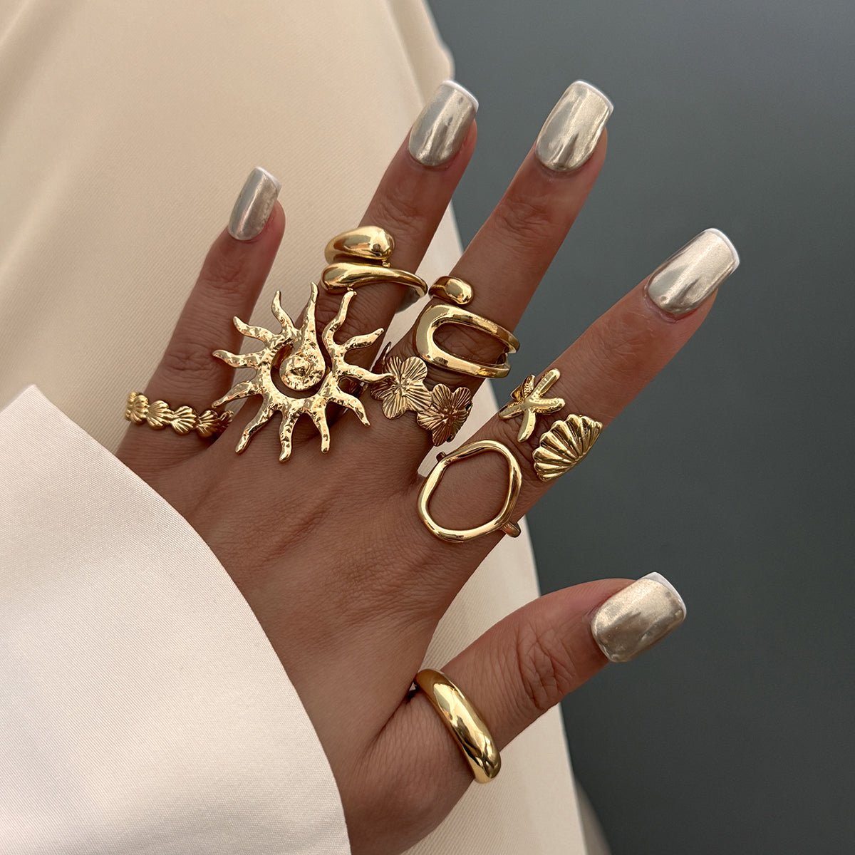 Boho 8pcs Sun Flower Shell Starfish Hollow Ring Set - ArtGalleryZen