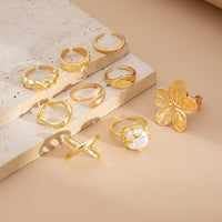 Thumbnail for Boho 9pcs Chunky Flower Pearl Curved Waterdrop Open Ring Set - ArtGalleryZen