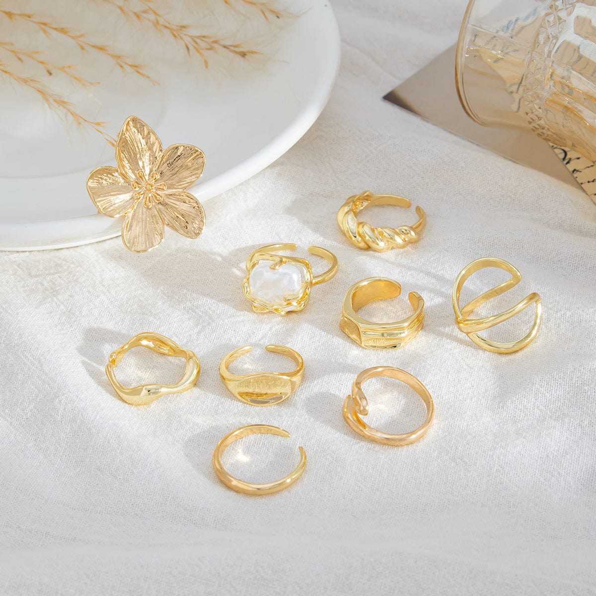 Boho 9pcs Chunky Flower Pearl Curved Waterdrop Open Ring Set - ArtGalleryZen