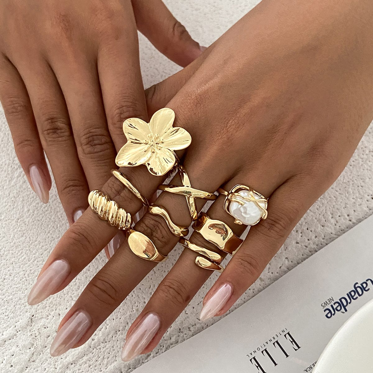 Boho 9pcs Chunky Flower Pearl Curved Waterdrop Open Ring Set - ArtGalleryZen