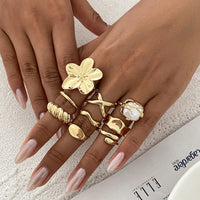 Thumbnail for Boho 9pcs Chunky Flower Pearl Curved Waterdrop Open Ring Set - ArtGalleryZen