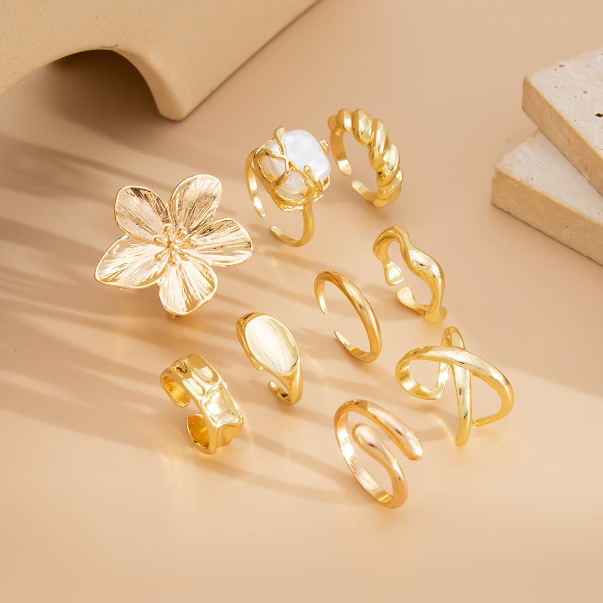 Boho 9pcs Chunky Flower Pearl Curved Waterdrop Open Ring Set - ArtGalleryZen