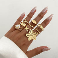 Thumbnail for Boho 9pcs Chunky Flower Pearl Curved Waterdrop Open Ring Set - ArtGalleryZen