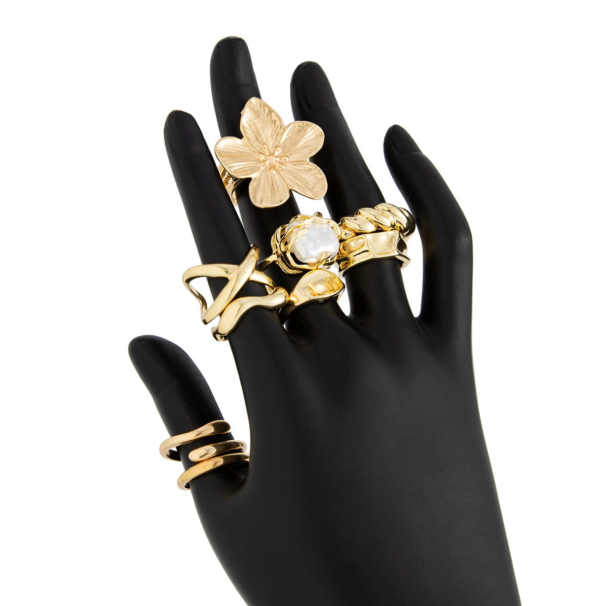 Boho 9pcs Chunky Flower Pearl Curved Waterdrop Open Ring Set - ArtGalleryZen