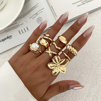 Thumbnail for Boho 9pcs Chunky Flower Pearl Curved Waterdrop Open Ring Set - ArtGalleryZen