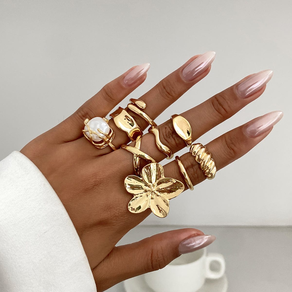 Boho 9pcs Chunky Flower Pearl Curved Waterdrop Open Ring Set - ArtGalleryZen