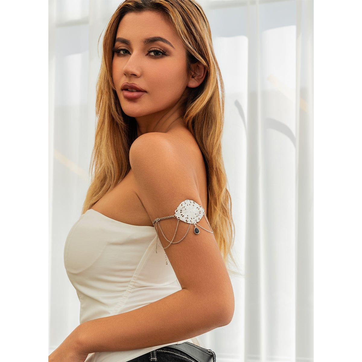 Boho Abstract Floral Cross Crystal Pendant Arm Chain - ArtGalleryZen