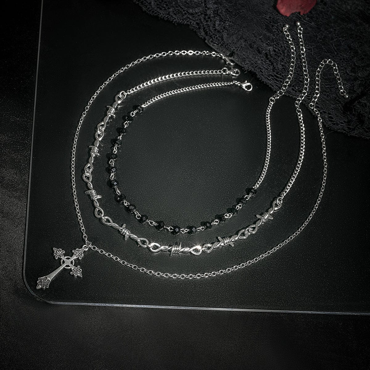 Boho Antique Cross Pendant Crystal Barbed Chain Necklace Set - ArtGalleryZen