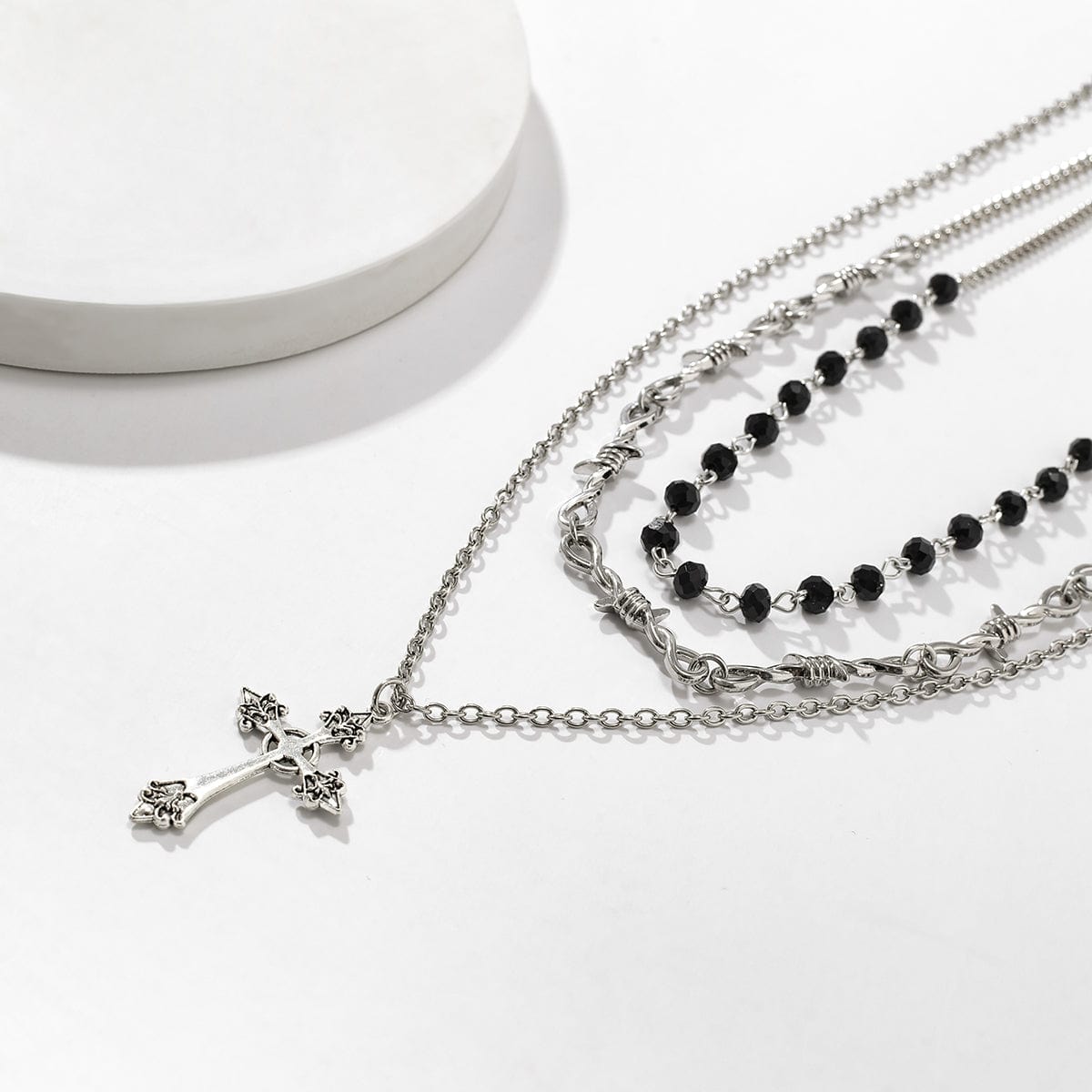 Boho Antique Cross Pendant Crystal Barbed Chain Necklace Set - ArtGalleryZen