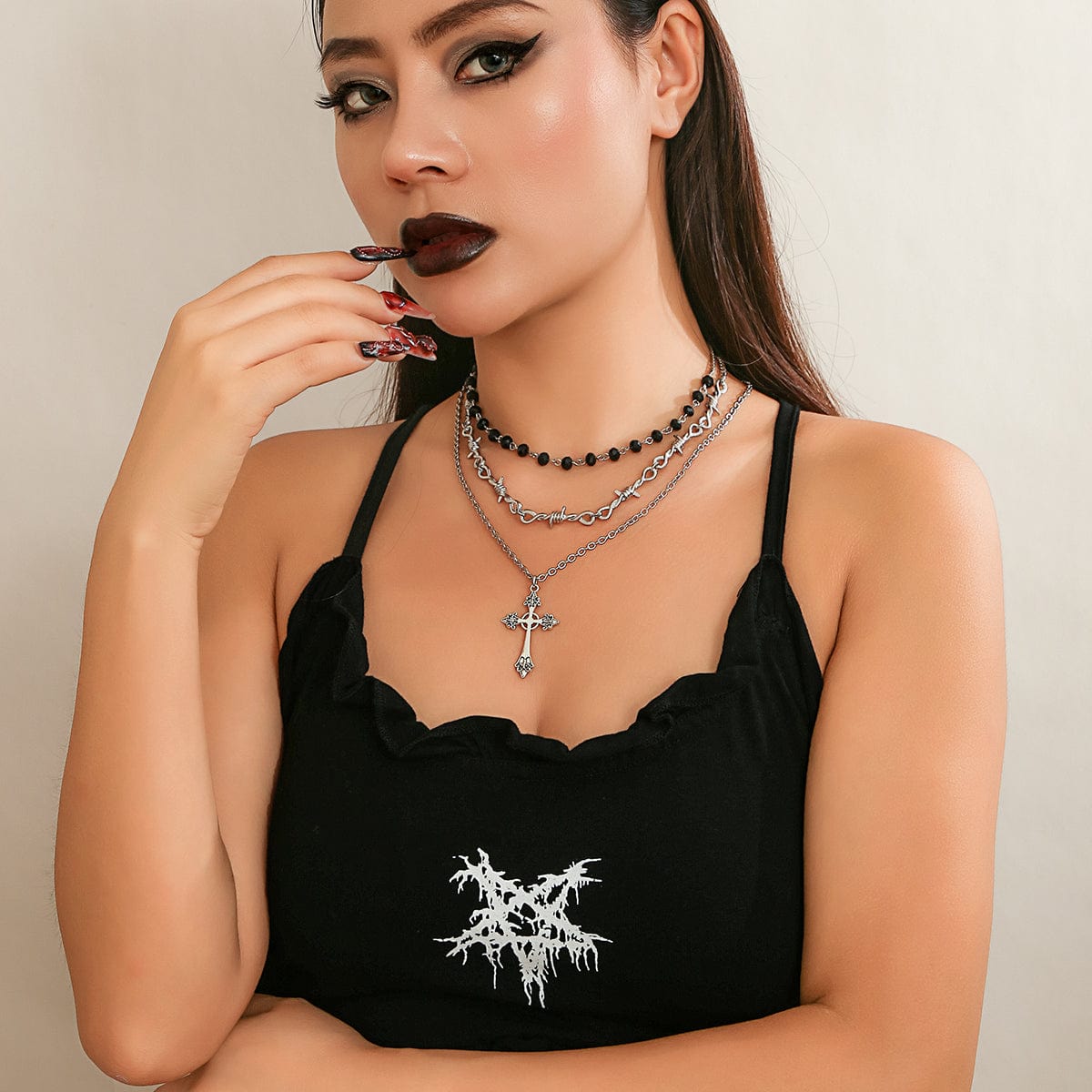 Boho Antique Cross Pendant Crystal Barbed Chain Necklace Set - ArtGalleryZen