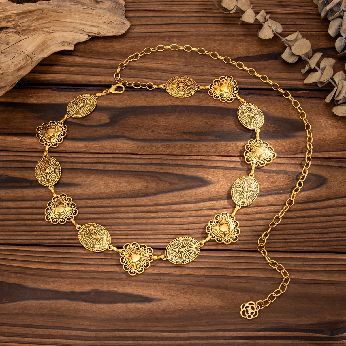 Boho Antique Gold Tone Pattern Heart Oval Disk Waist Chain - ArtGalleryZen