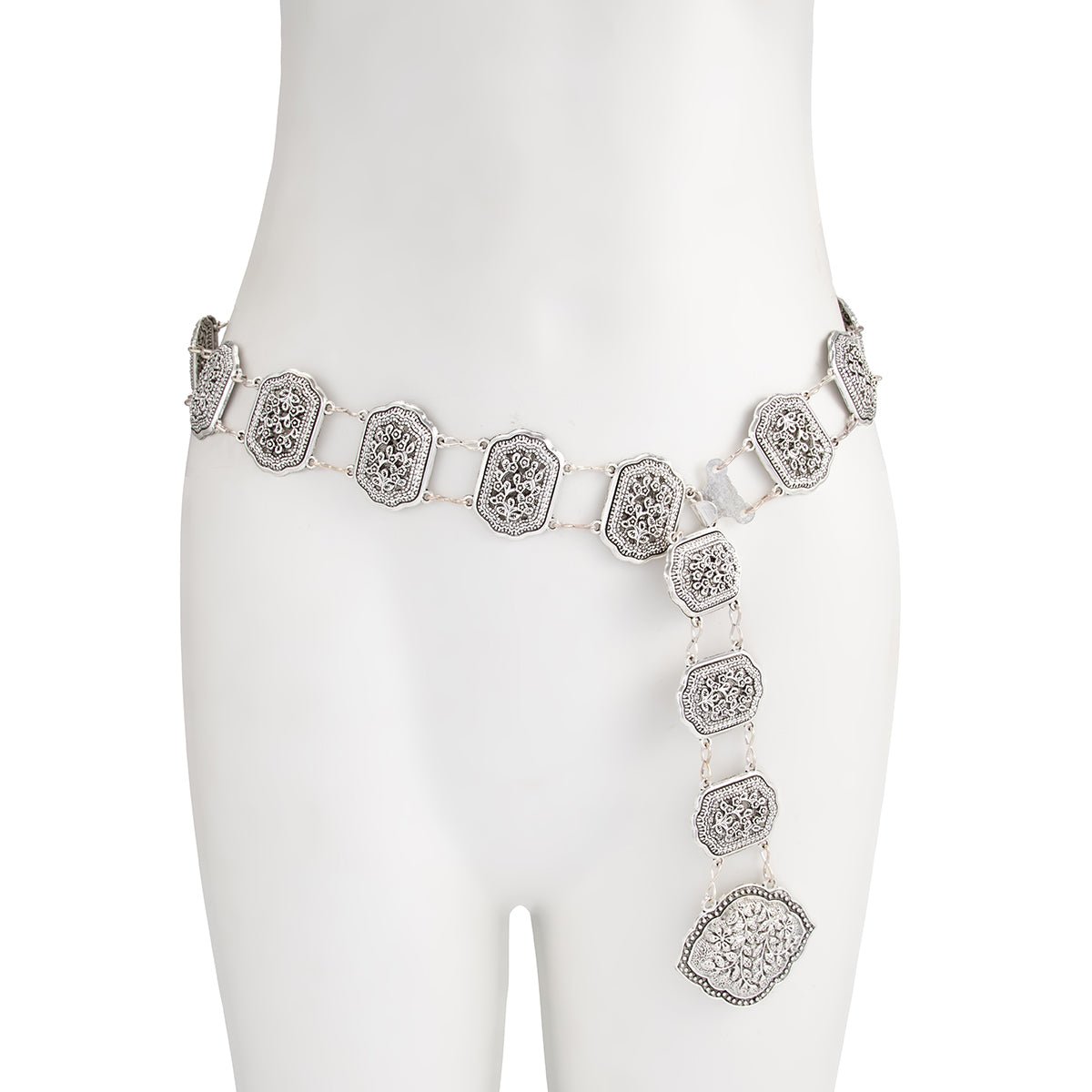 Boho Antique Silver Carved Floral Pattern Waist Chain - ArtGalleryZen