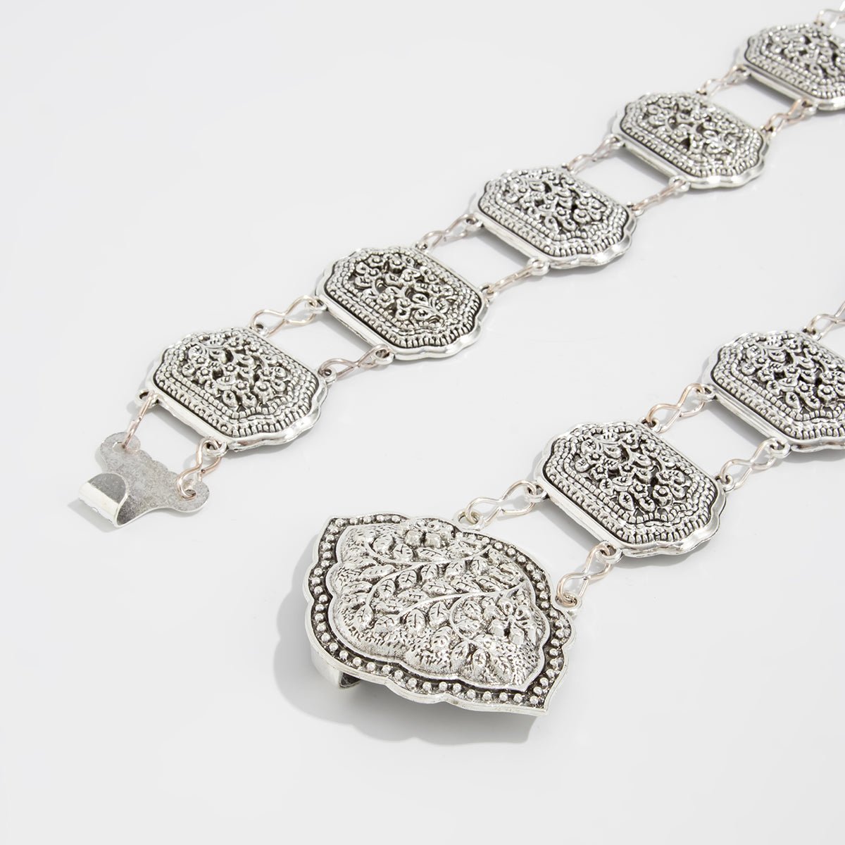 Boho Antique Silver Carved Floral Pattern Waist Chain - ArtGalleryZen