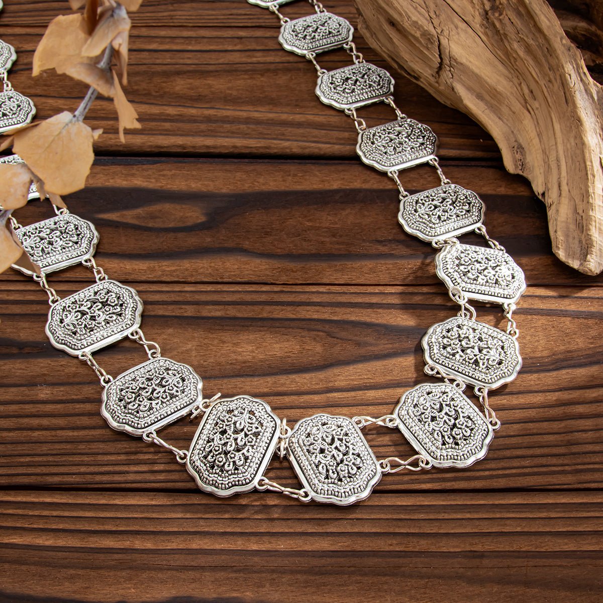 Boho Antique Silver Carved Floral Pattern Waist Chain - ArtGalleryZen