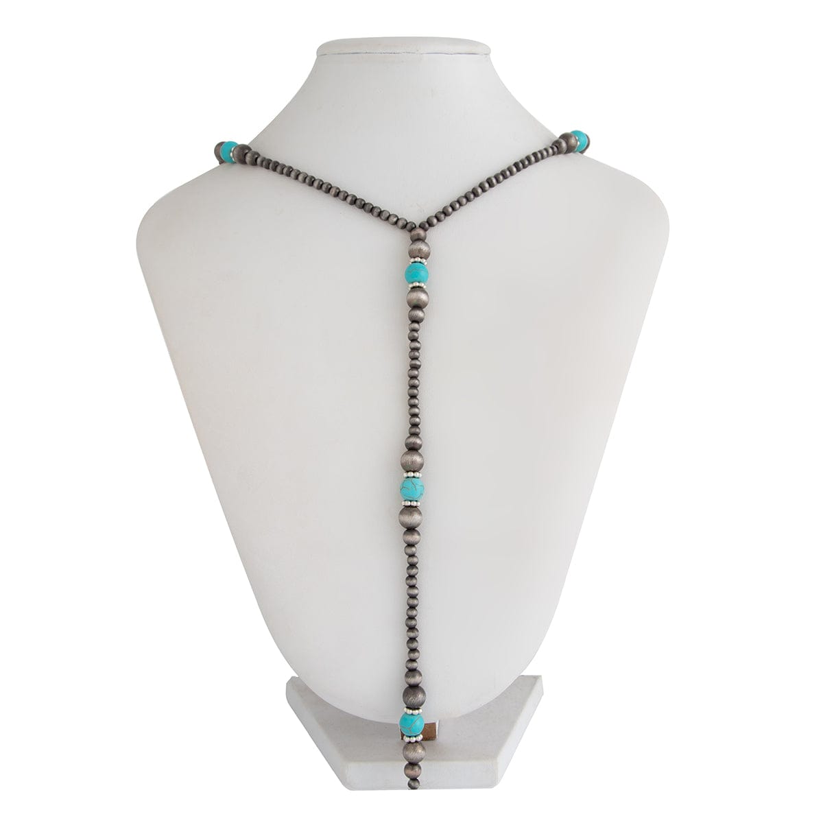 Boho Antique Silver Turquoise Beaded Long Chain Y Necklace