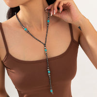 Thumbnail for Boho Antique Silver Turquoise Beaded Long Chain Y Necklace
