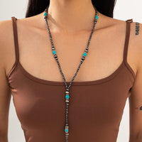 Thumbnail for Boho Antique Silver Turquoise Beaded Long Chain Y Necklace