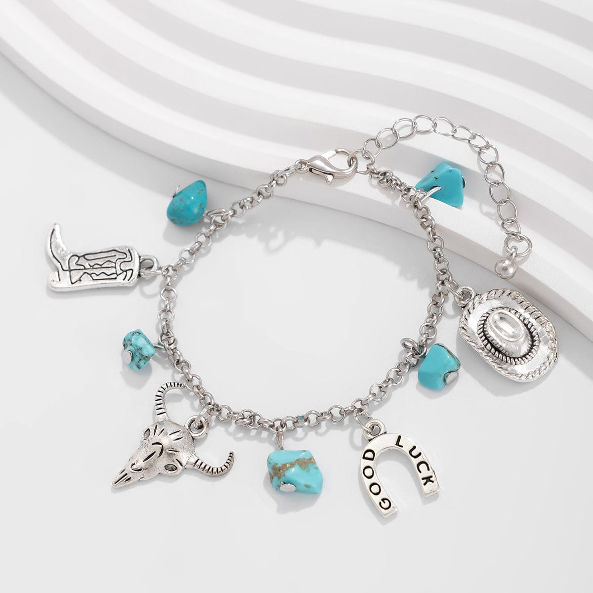 Boho Bull Boot Cowboy Hat Turquoise Charm Bracelet - ArtGalleryZen