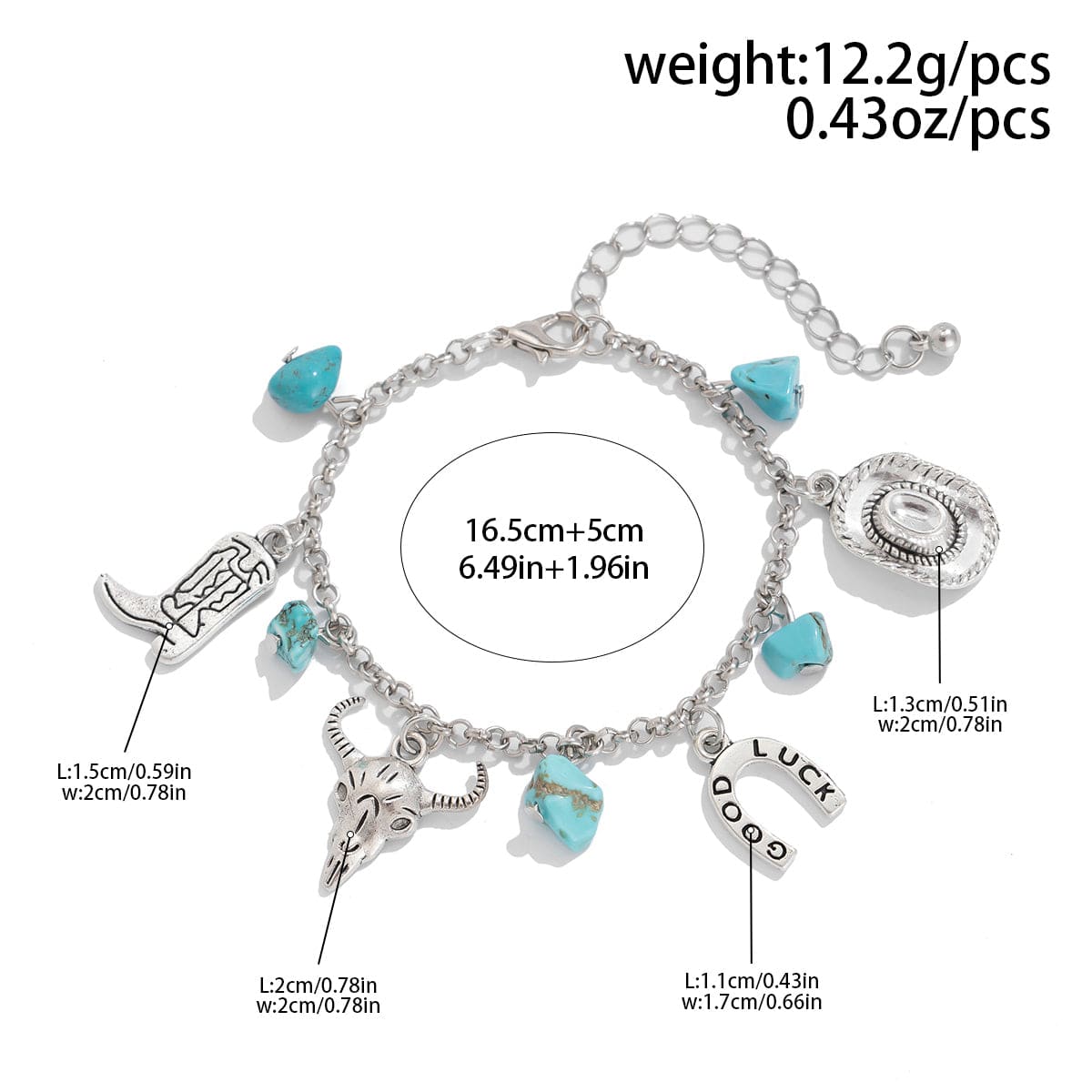 Boho Bull Boot Cowboy Hat Turquoise Charm Bracelet - ArtGalleryZen
