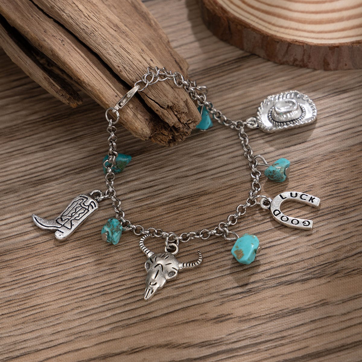 Boho Bull Boot Cowboy Hat Turquoise Charm Bracelet - ArtGalleryZen