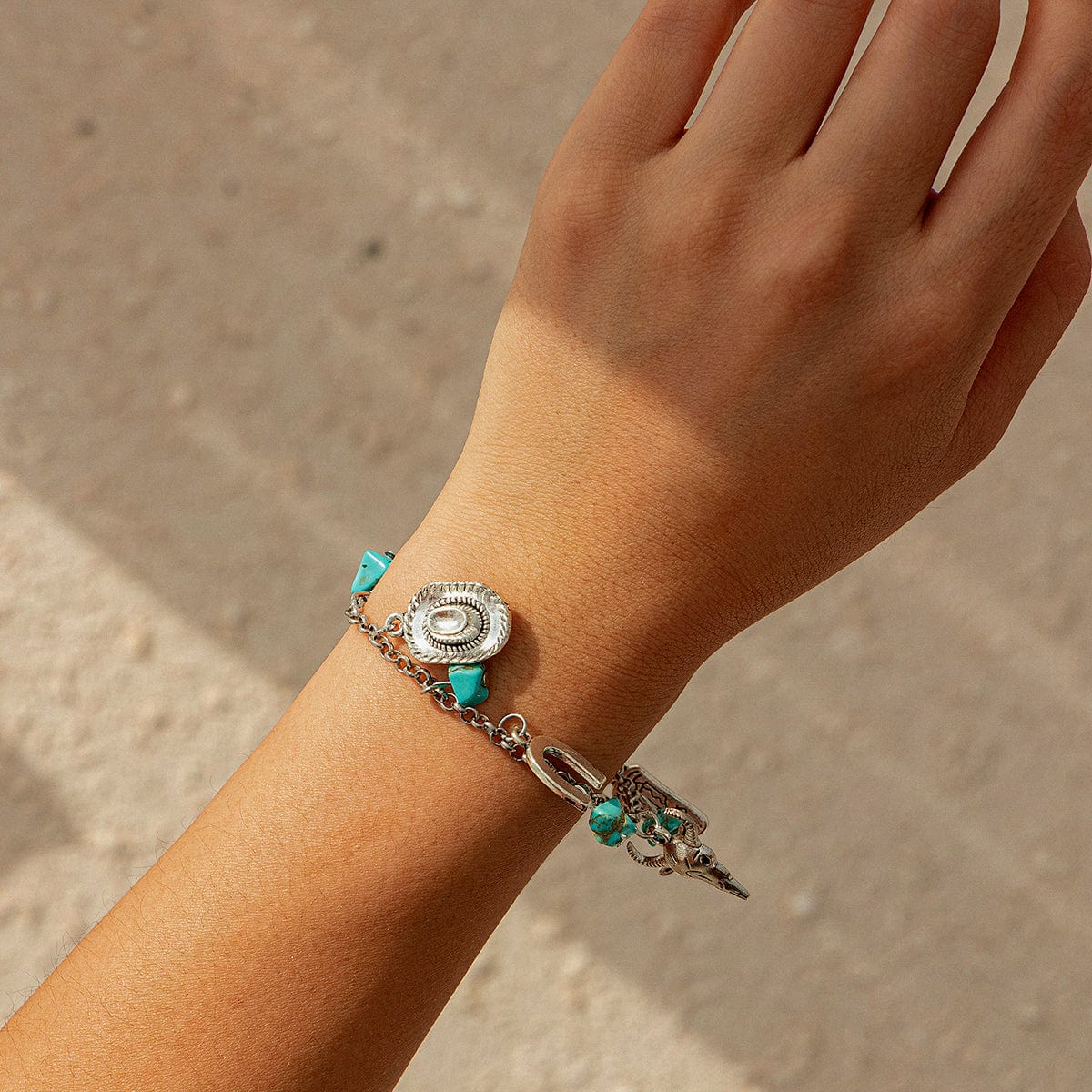 Boho Bull Boot Cowboy Hat Turquoise Charm Bracelet