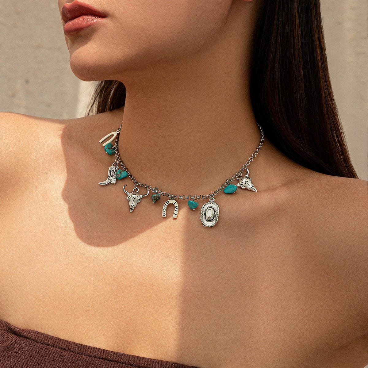 Boho Bull Boot Cowboy Hat Turquoise Charm Necklace - ArtGalleryZen