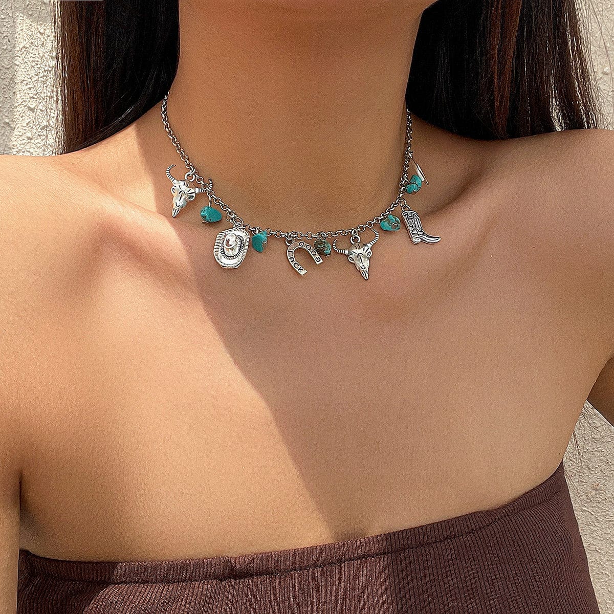 Boho Bull Boot Cowboy Hat Turquoise Charm Necklace - ArtGalleryZen
