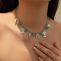 Thumbnail for Boho Bull Boot Cowboy Hat Turquoise Charm Necklace - ArtGalleryZen