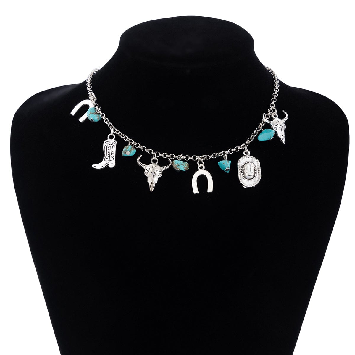 Boho Bull Boot Cowboy Hat Turquoise Charm Necklace - ArtGalleryZen