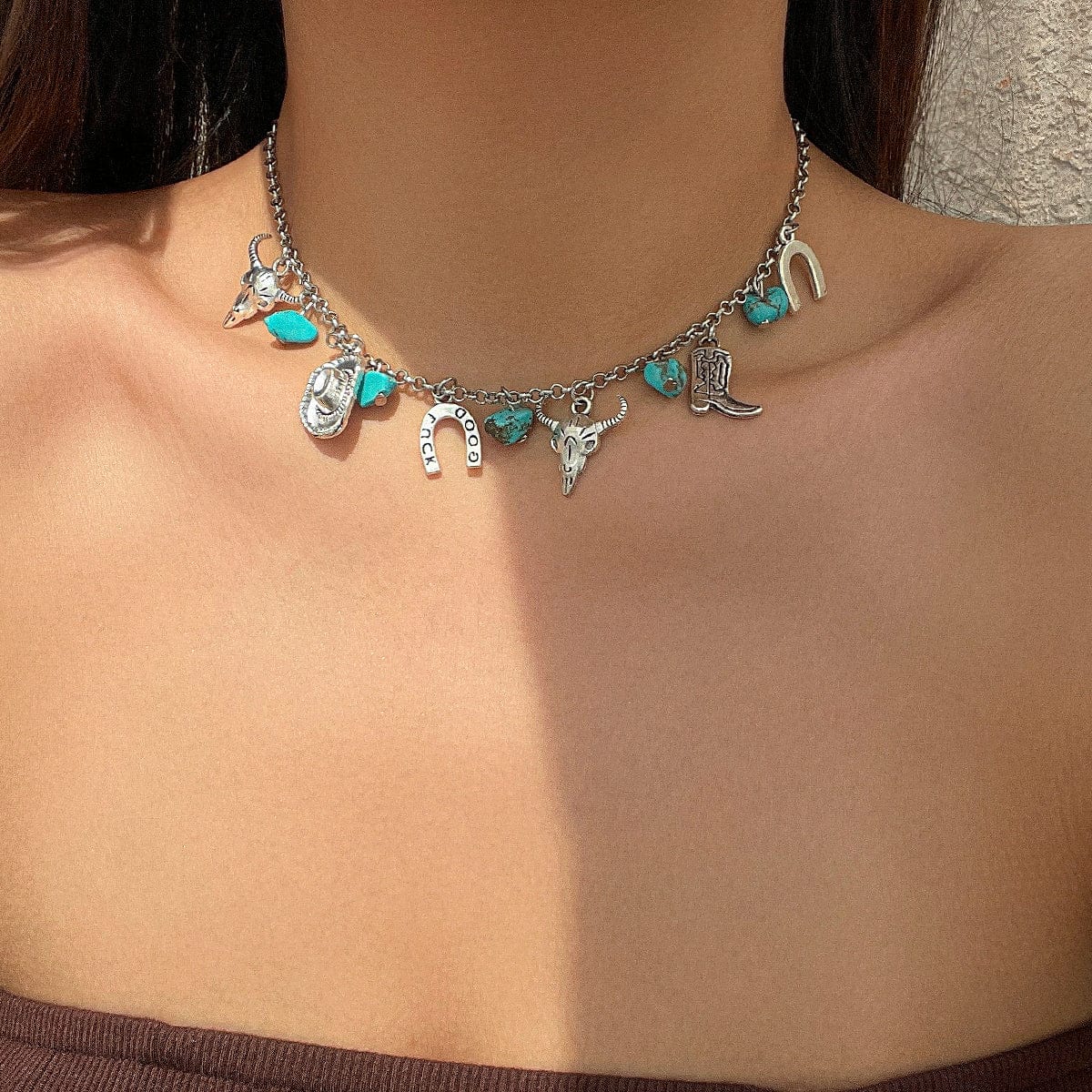 Boho Bull Boot Cowboy Hat Turquoise Charm Necklace - ArtGalleryZen