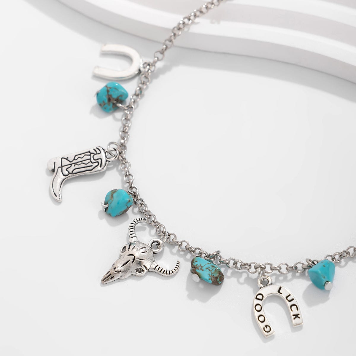 Boho Bull Boot Cowboy Hat Turquoise Charm Necklace